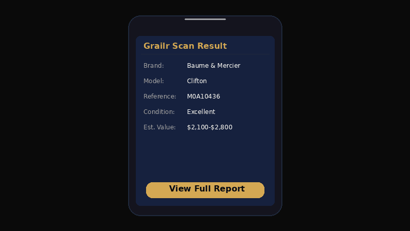 Grailr app showing watch scan results