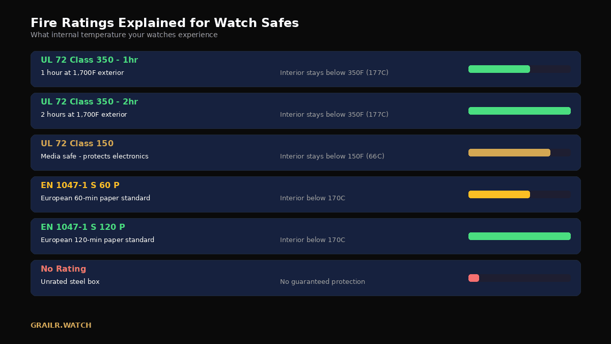 Fire rating comparison chart for watch safes