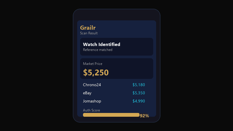 Grailr app showing high-end watch pricing