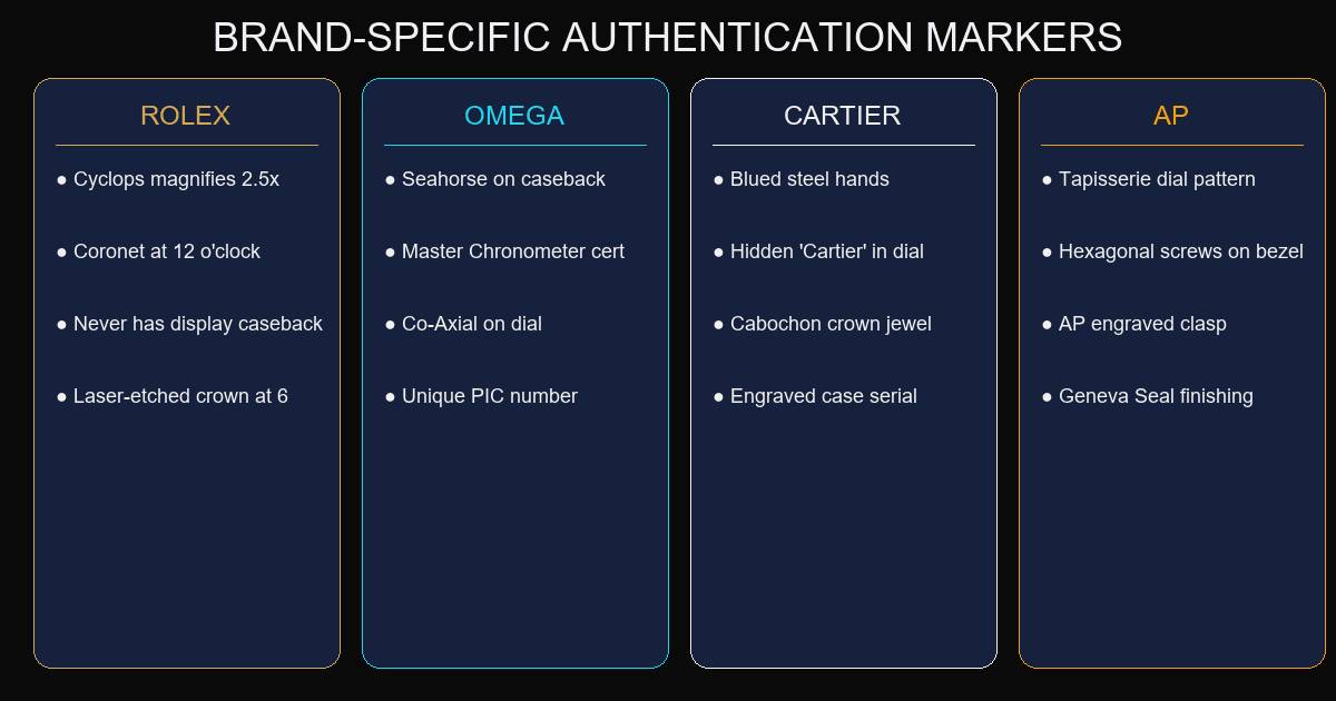 Brand-specific authentication markers for Rolex, Omega, Cartier, and Audemars Piguet