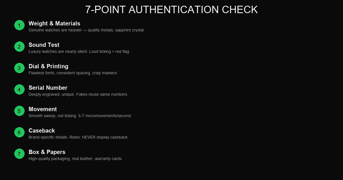 The 7-point luxury watch authentication check — serial, weight, sound, dial, movement, caseback, papers
