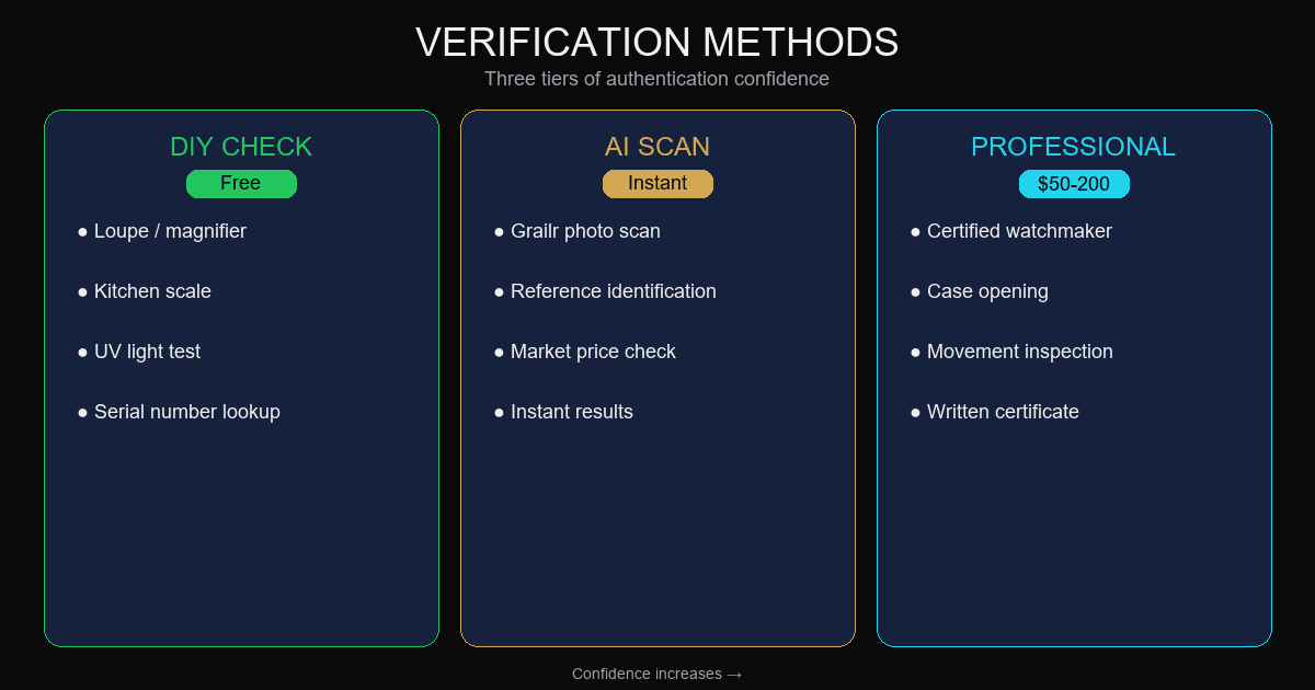 Professional verification tools and when to use them — watchmaker inspection, AI scanning, certification services