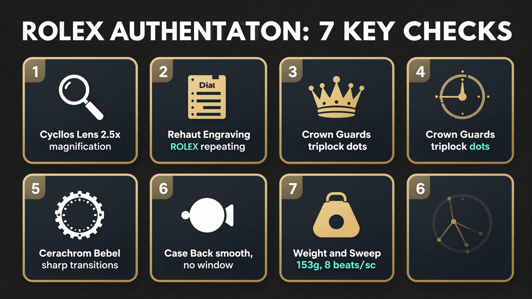 Rolex authentication 7 key checks — cyclops, dial, rehaut, crown, bezel, case back, weight