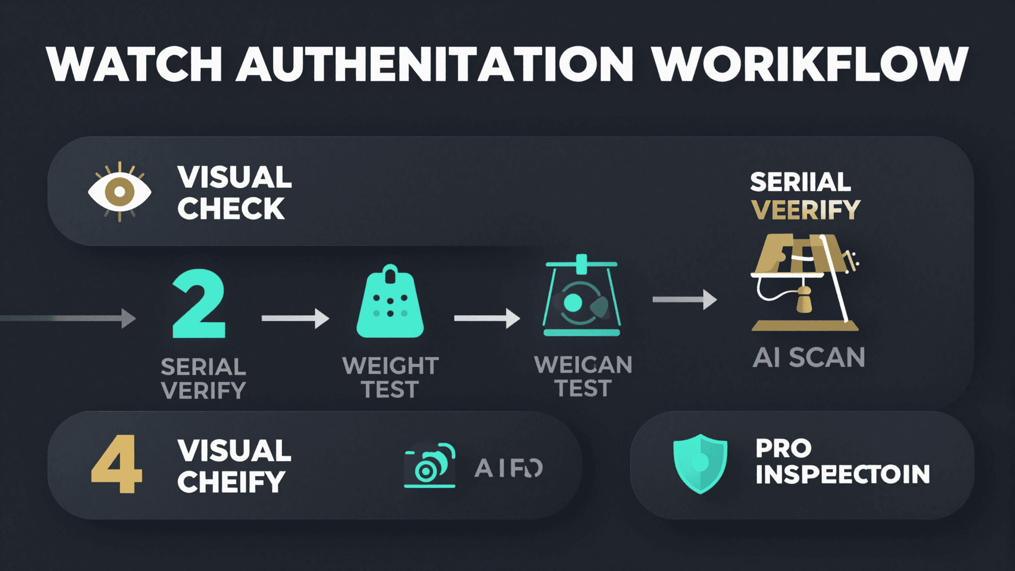 Watch authentication workflow — visual check, serial verify, weight test, AI scan, professional inspection