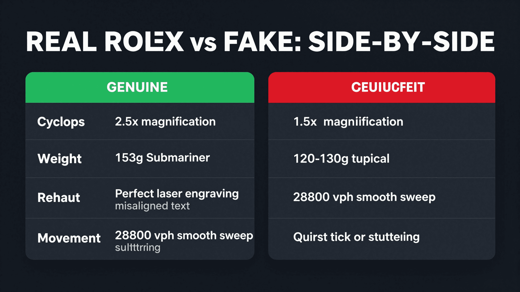 Real Rolex vs fake comparison — cyclops, weight, rehaut, movement, case back, and crown differences