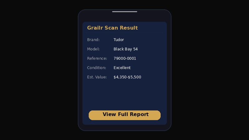 Grailr app showing watch scan results