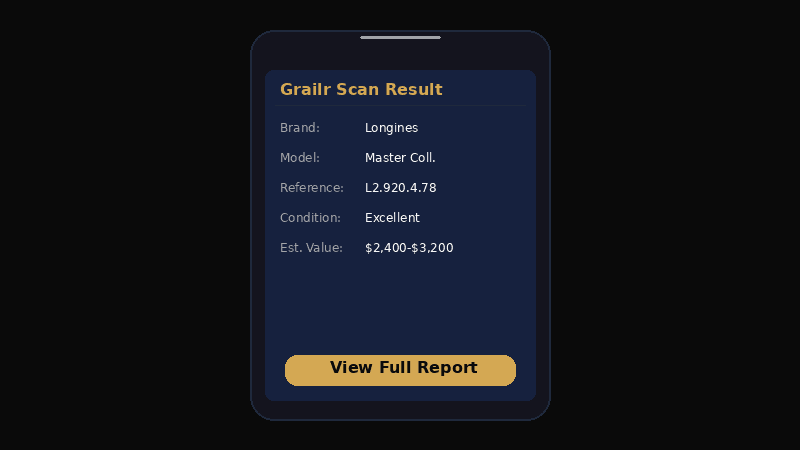 Grailr app showing watch scan results