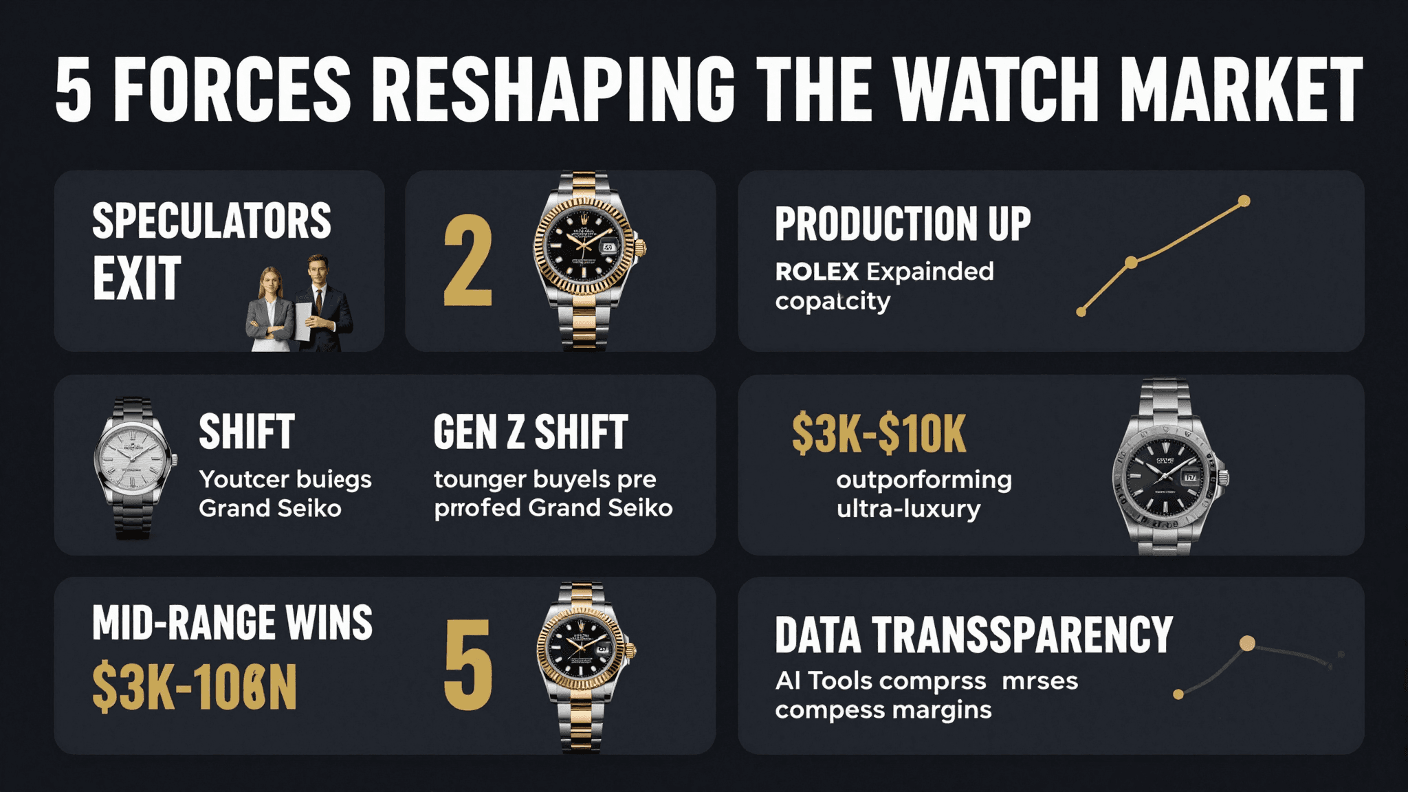 5 forces reshaping the watch market — speculator exit, production increase, Gen Z shift, mid-range outperformance, data transparency