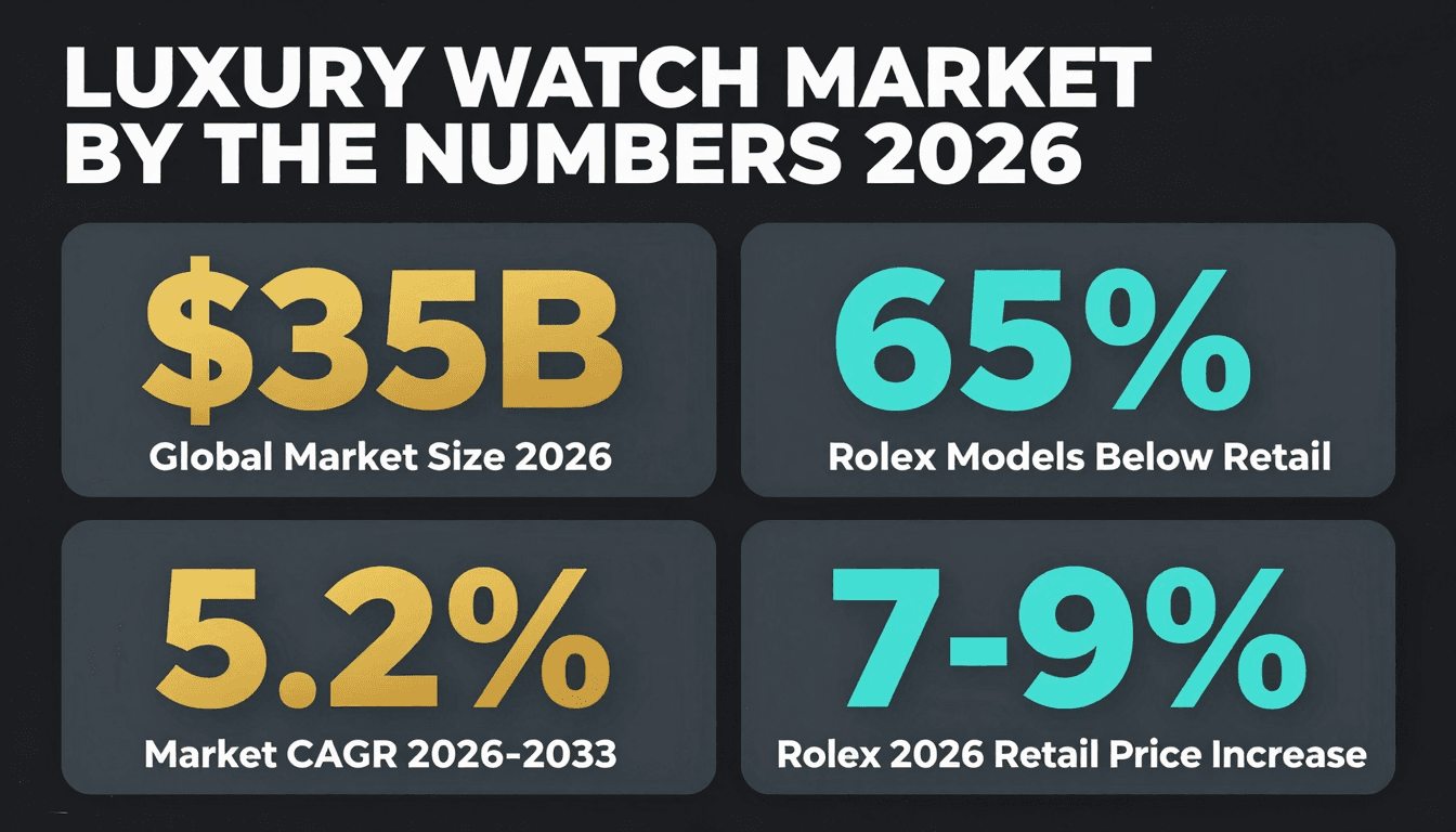 Luxury watch market statistics 2026 — $35B global market, 65% of Rolex below retail, 5.2% CAGR, 7-9% retail price increase