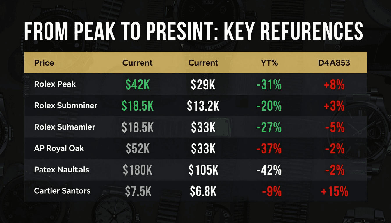 Key reference prices from peak to present — Rolex Daytona, Submariner, GMT, AP Royal Oak, Patek Nautilus, Cartier Santos