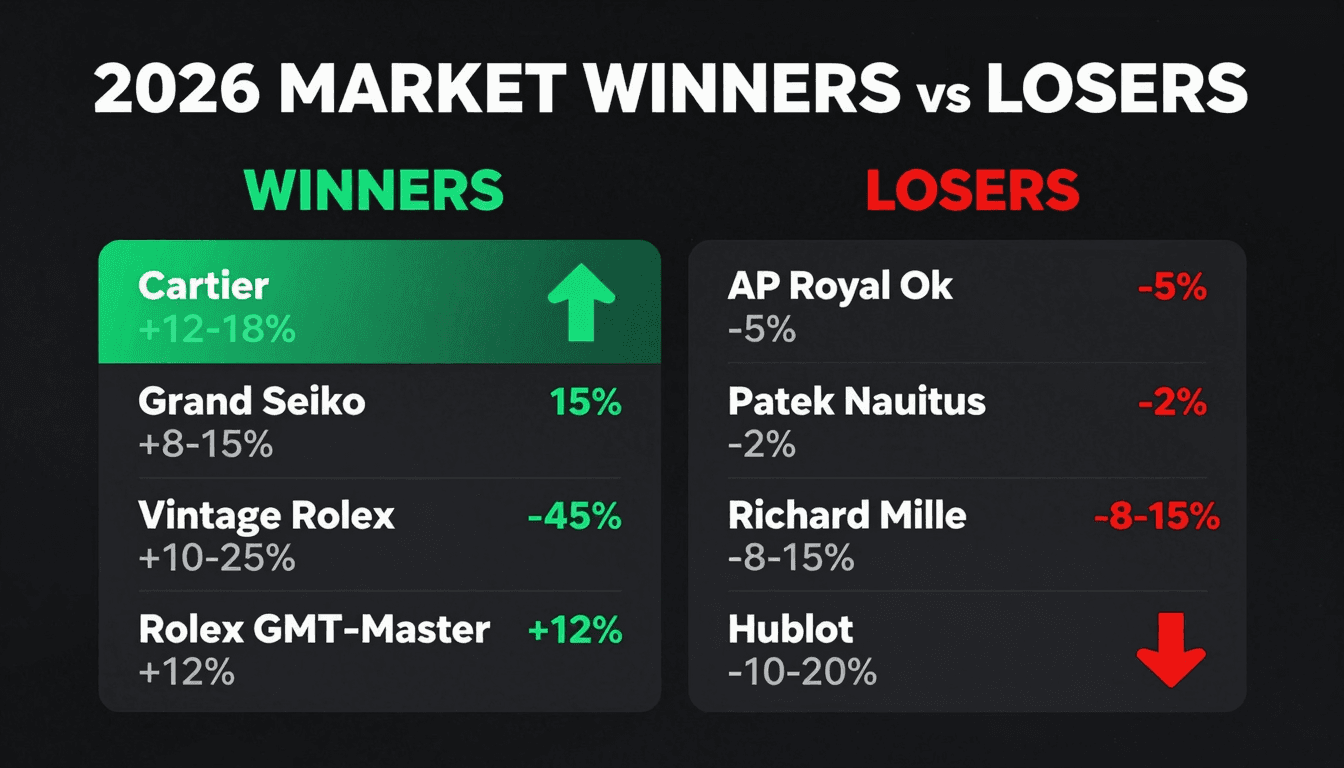 2026 market winners vs losers — Cartier, Grand Seiko, vintage Rolex rising; AP, Patek, Richard Mille, Hublot declining