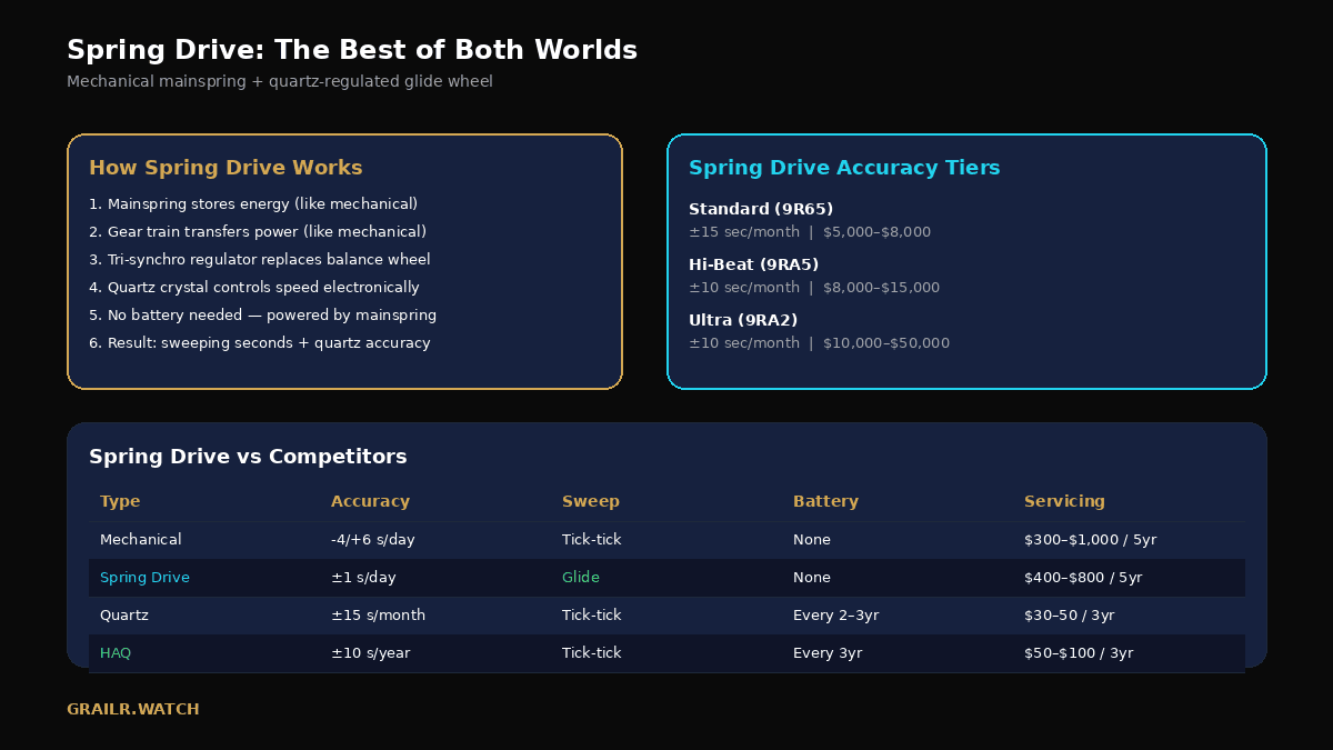 Explainer of Spring Drive as a mechanical mainspring with a quartz-regulated glide wheel, listing its six steps, three accuracy tiers from the Standard 9R65 at plus or minus 15 seconds a month to the Ultra 9RA2 at plus or minus 10, and a comparison table putting Spring Drive at plus or minus 1 second a day with a gliding seconds hand and no battery against mechanical, quartz and high-accuracy quartz