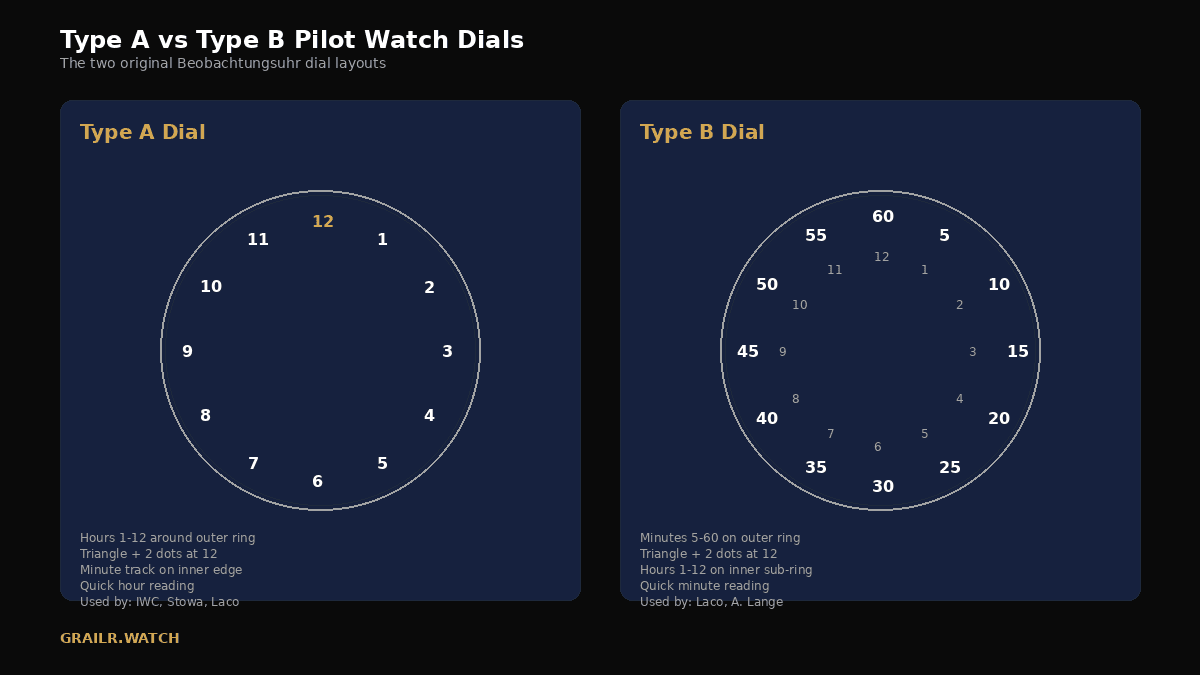 Type A versus Type B pilot watch dial layout compared