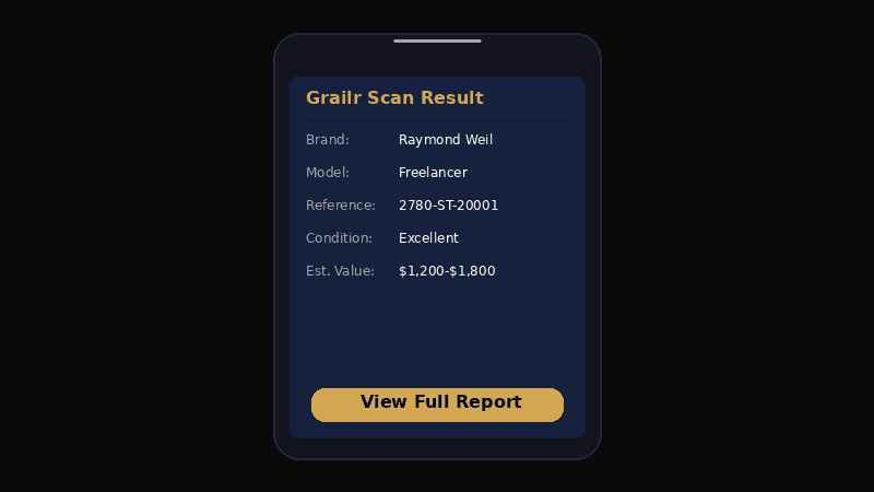 Grailr app showing watch scan results
