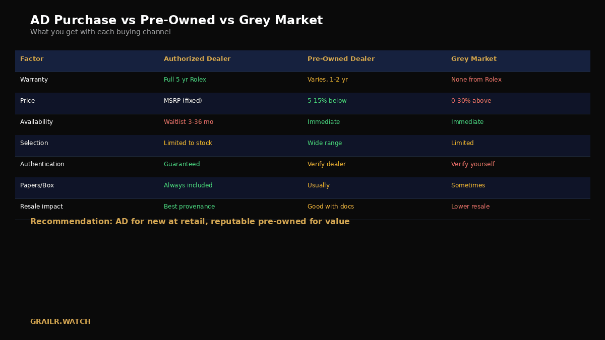 Comparison of authorized dealer, pre-owned, and grey market Rolex buying channels