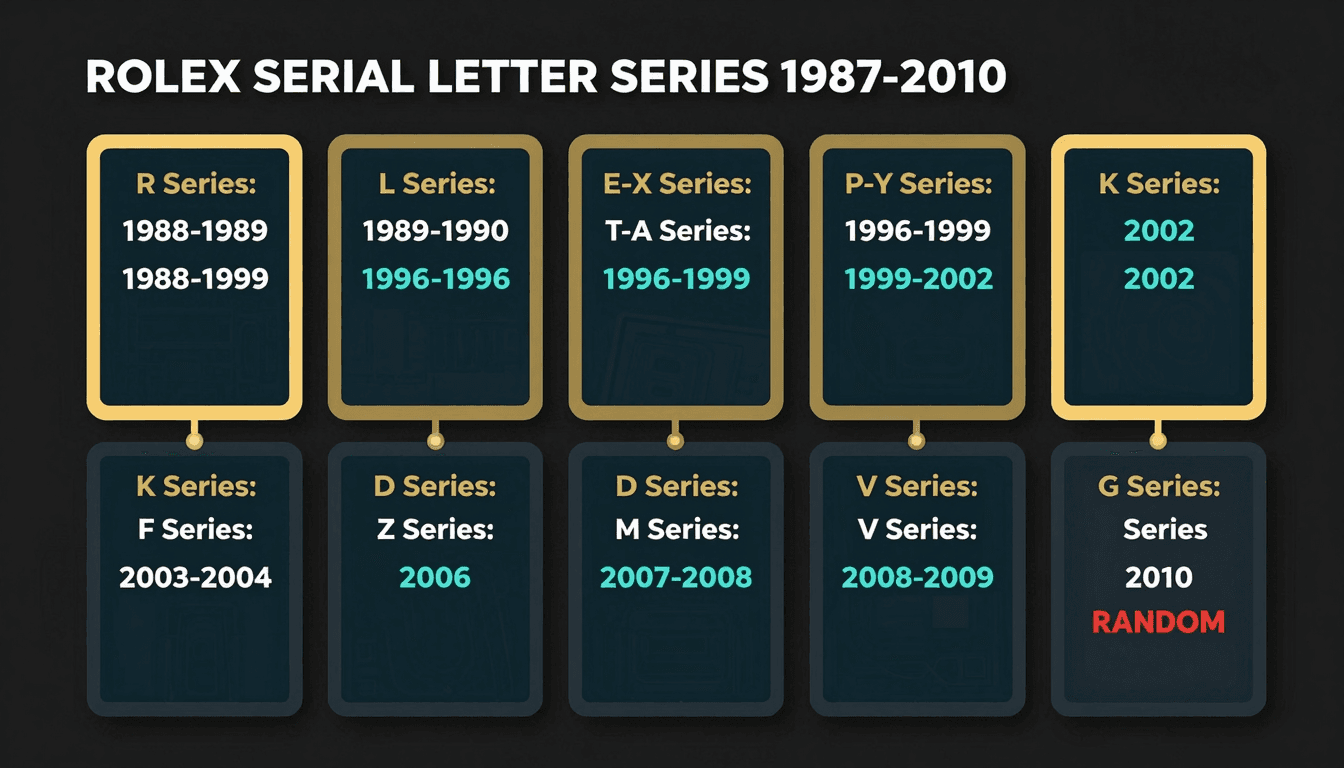 Rolex serial number to year chart — key letter series from 1987 to 2010