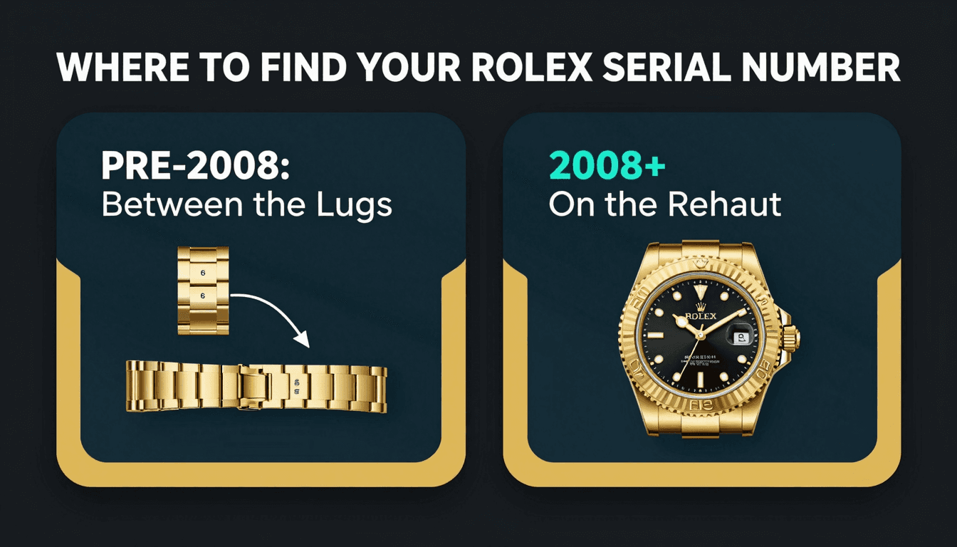 Where to find your Rolex serial number — between the lugs and on the rehaut