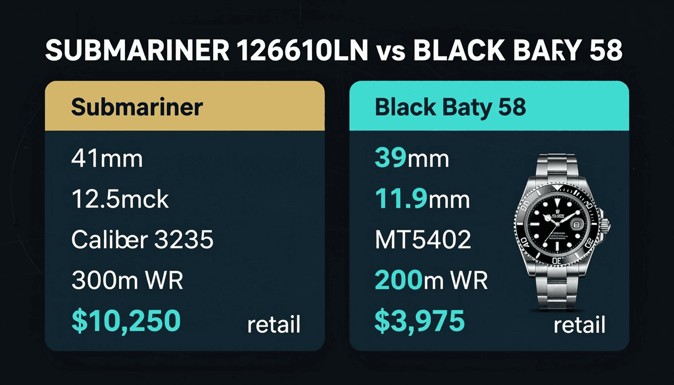 Rolex Submariner vs Tudor Black Bay specs comparison — case, movement, water resistance, weight