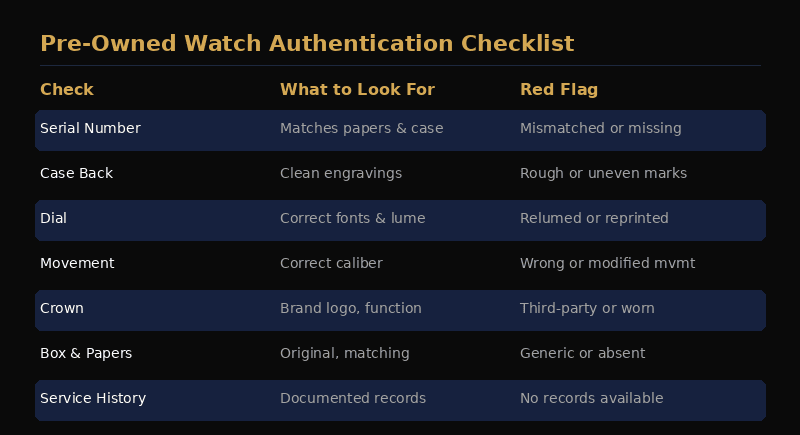 Infographic showing a step-by-step authentication checklist for pre-owned luxury watches