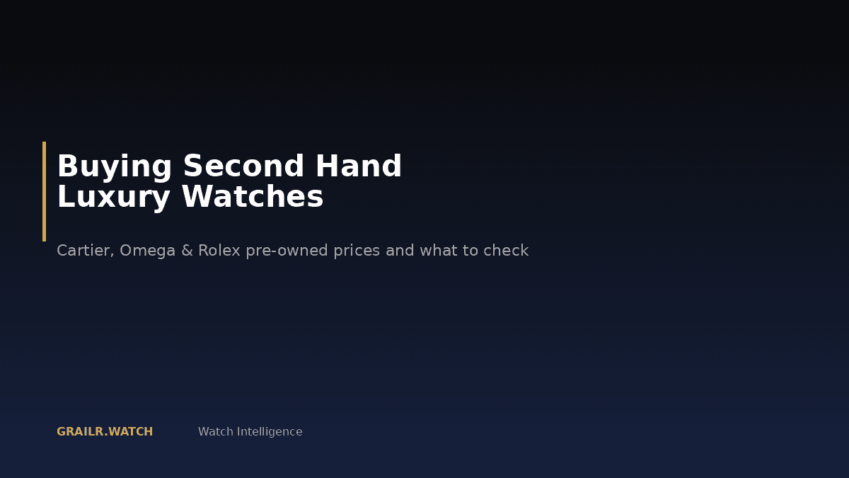Second hand luxury watches from Cartier, Omega and Rolex on a dark surface