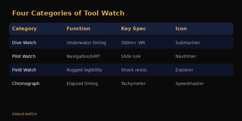 The four categories of tool watch: dive, pilot, field and chronograph