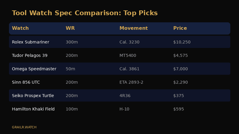 Key specifications compared across tool watch categories