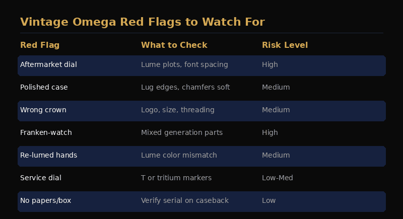 Common red flags when buying a vintage Omega including aftermarket dials and polished cases
