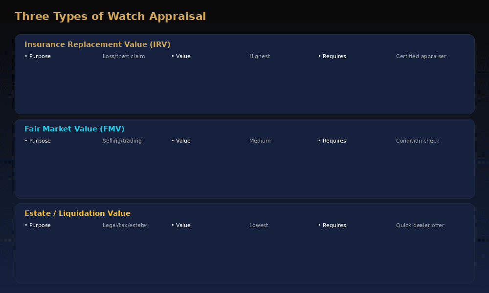 Three types of watch appraisal: Insurance Replacement Value for a loss or theft claim, the highest value, requiring a certified appraiser; Fair Market Value for selling or trading, a medium value, requiring a condition check; and Estate or Liquidation Value for legal, tax and estate purposes, the lowest value, from a quick dealer offer