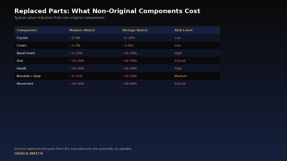 How replaced parts affect watch resale value by component