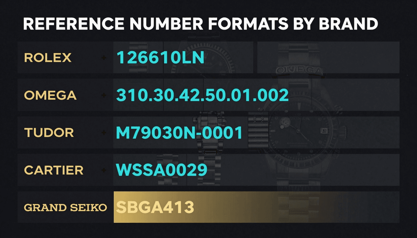 Reference number formats by brand — Rolex, Omega, Tudor, Cartier, Grand Seiko comparison