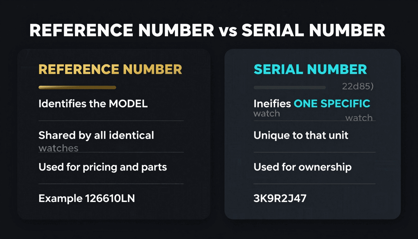 Reference number vs serial number — model identification vs individual watch identification comparison