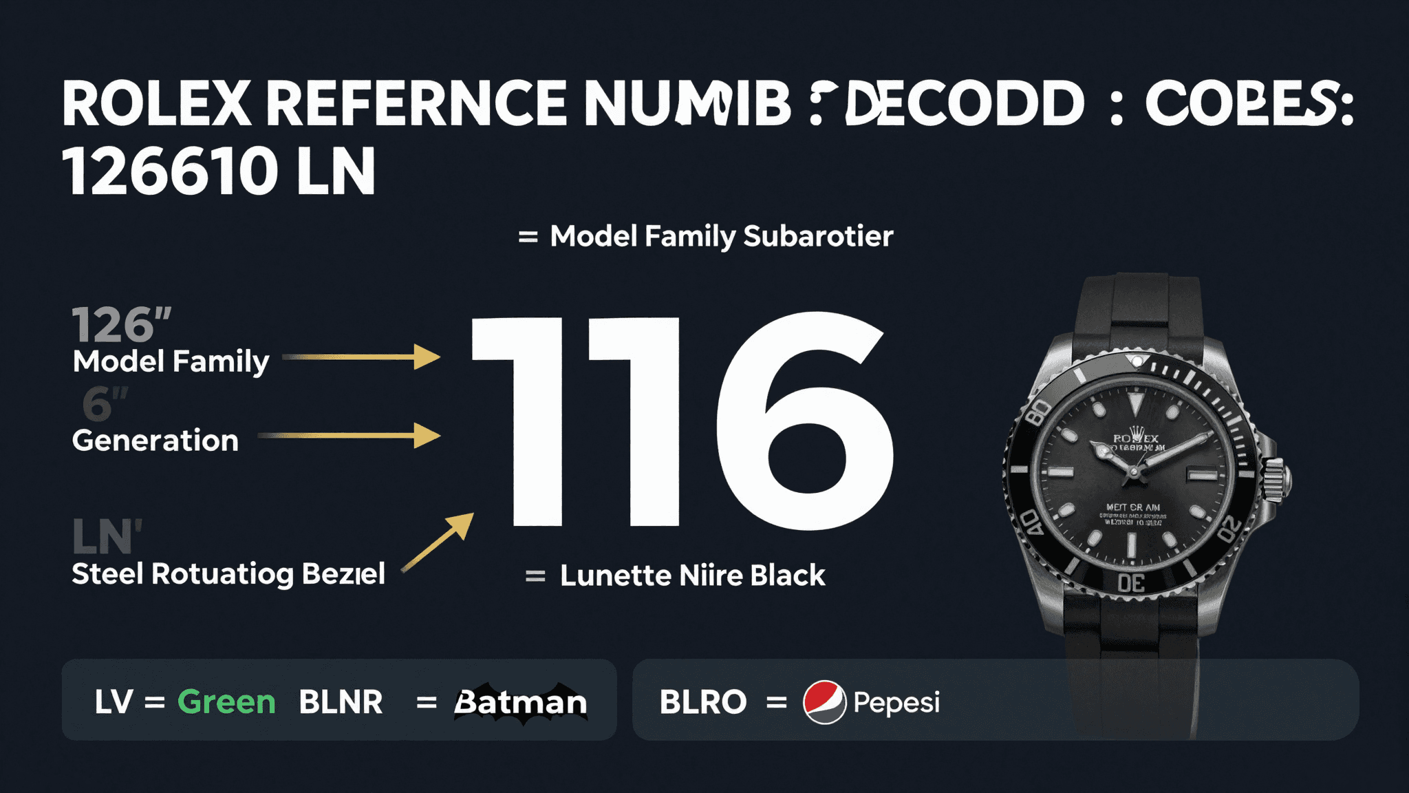 Rolex reference number 126610LN decoded — model family, generation, material code, and bezel color