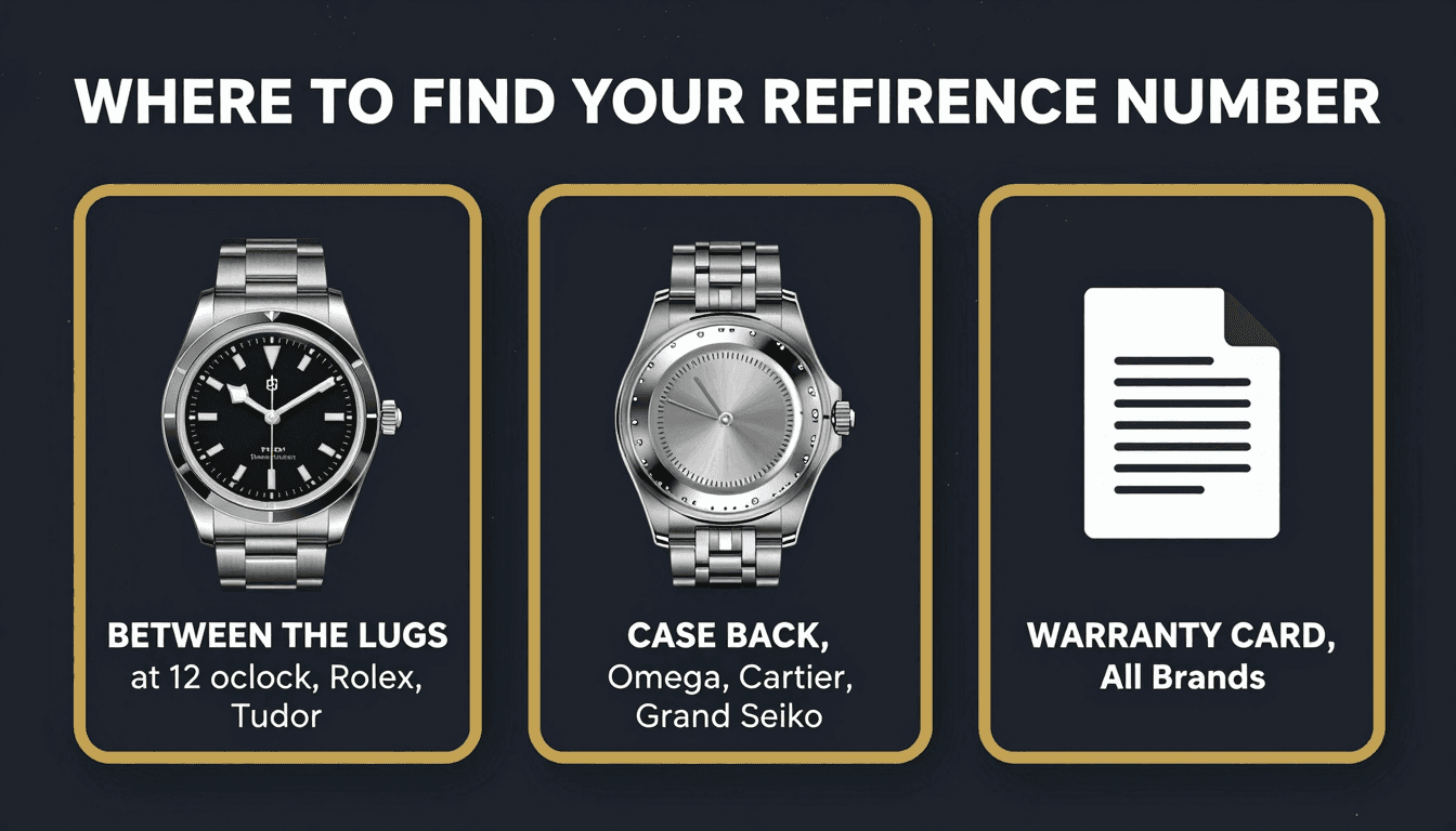 Where to find your watch reference number — between the lugs, case back, or warranty card