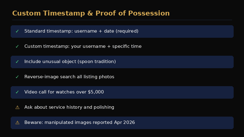 Example of a proper custom timestamp photo showing watch, handwritten username, date, and requested time setting