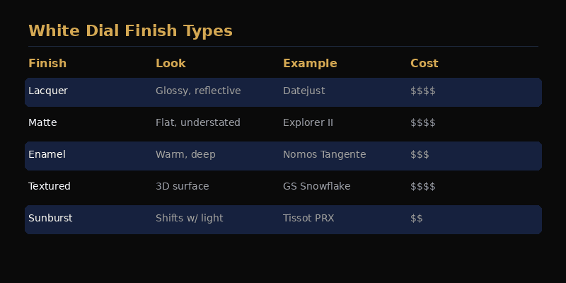 White dial finish types compared