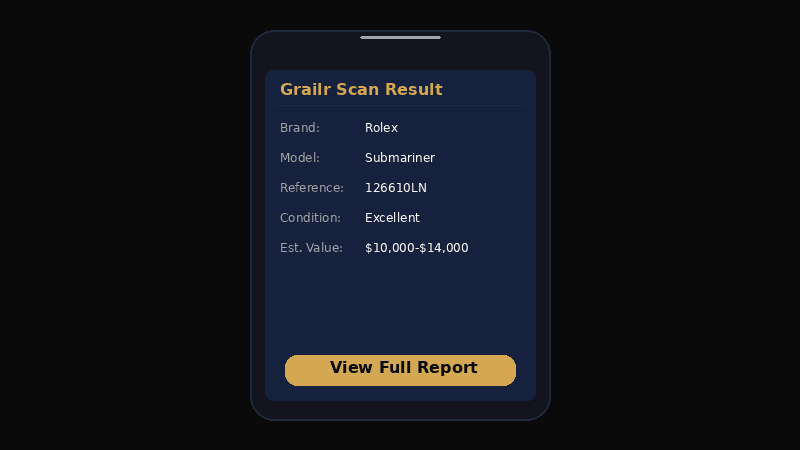 Grailr app showing watch scan results