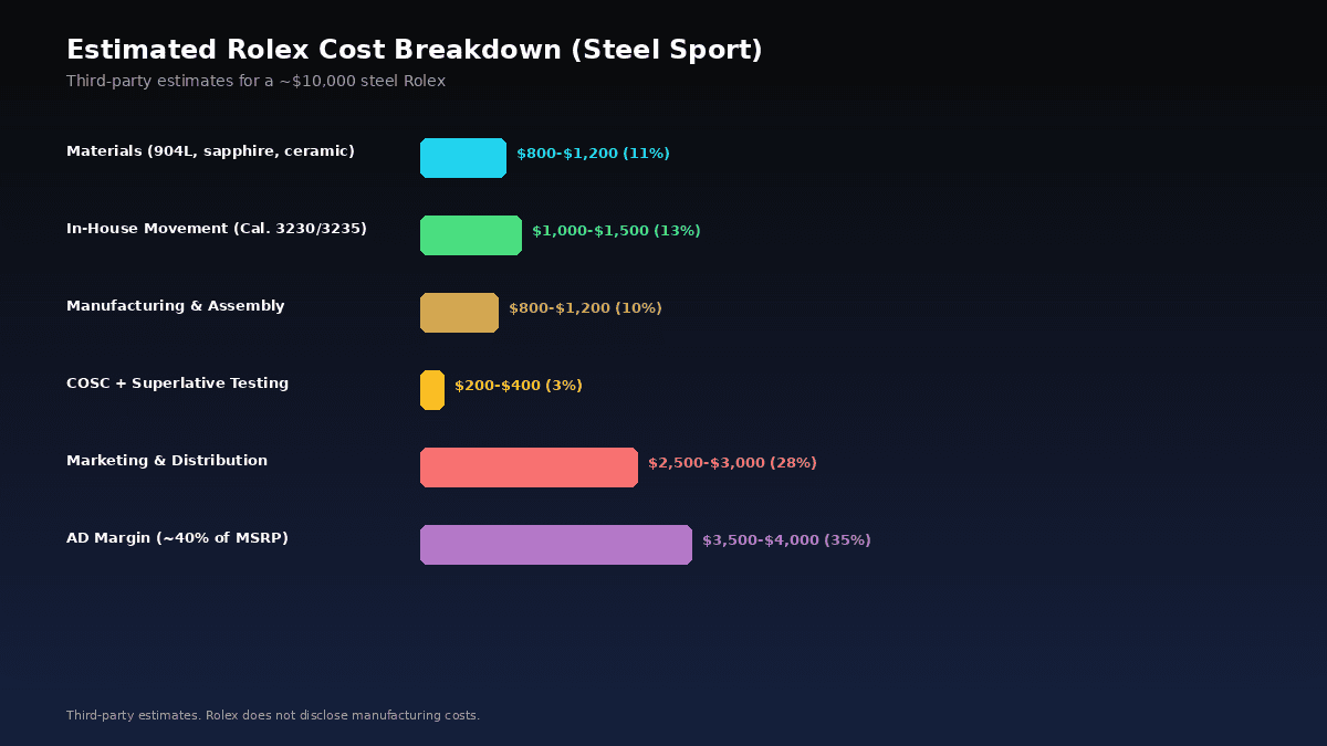 Estimated Rolex cost breakdown showing manufacturing, materials, testing and overhead