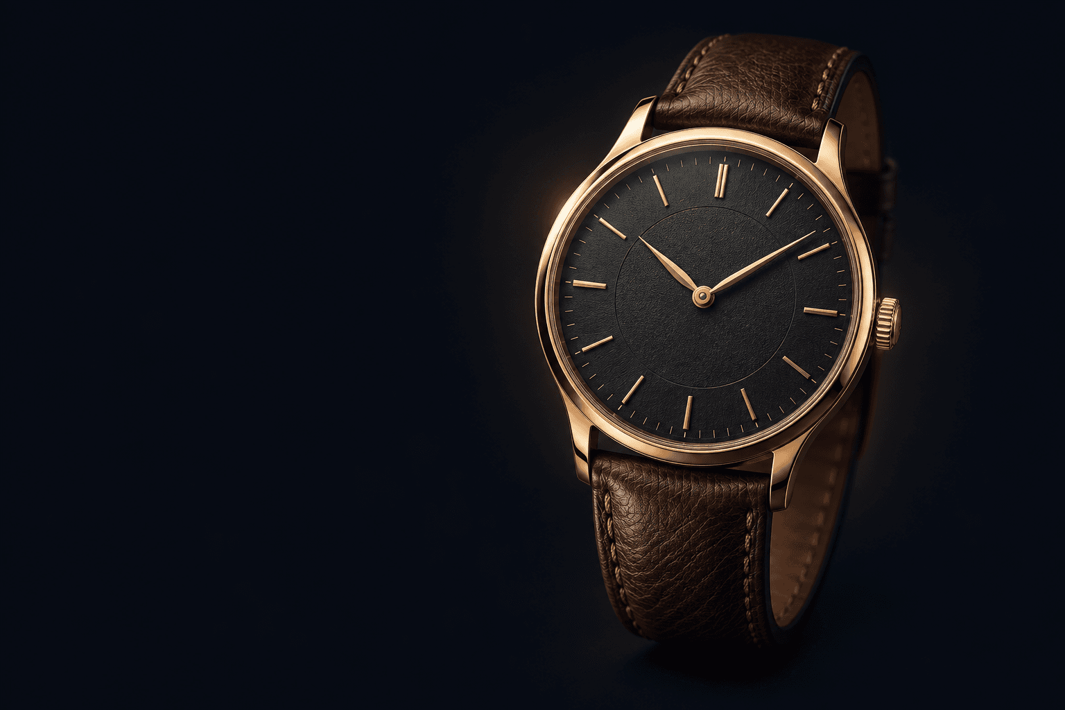 Illustration of a gold-tone watch with a dark dial and brown leather strap