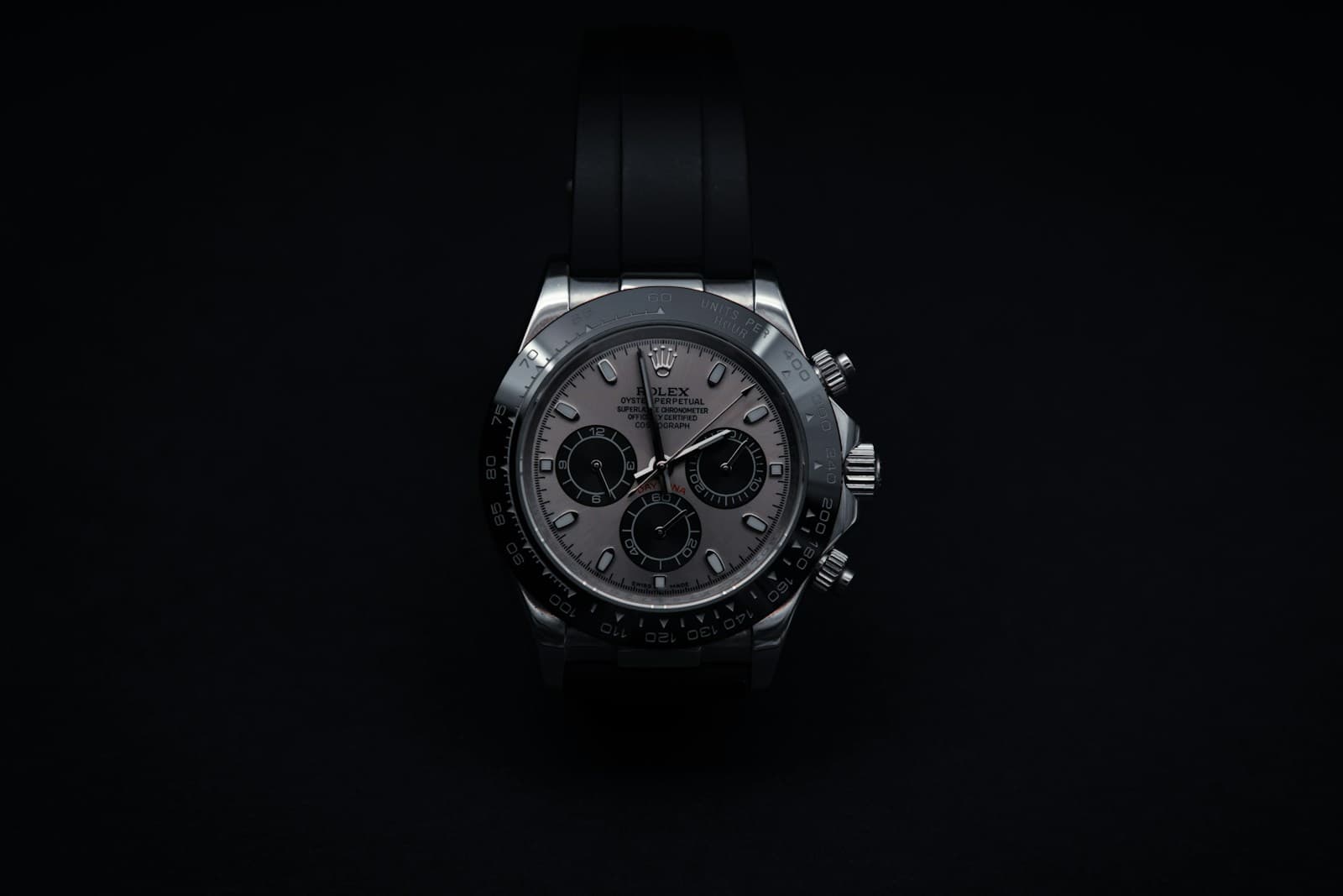 Rolex Daytona chronograph with a pale dial and black strap against a dark background