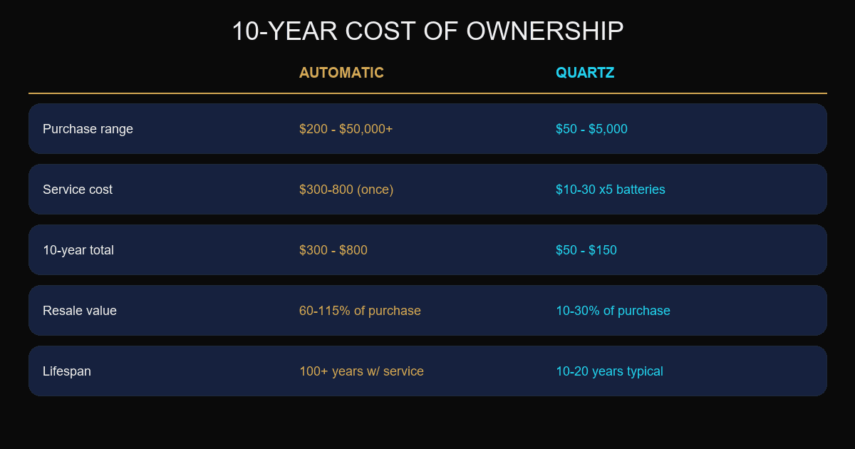 10-year cost of ownership comparison between automatic and quartz watches