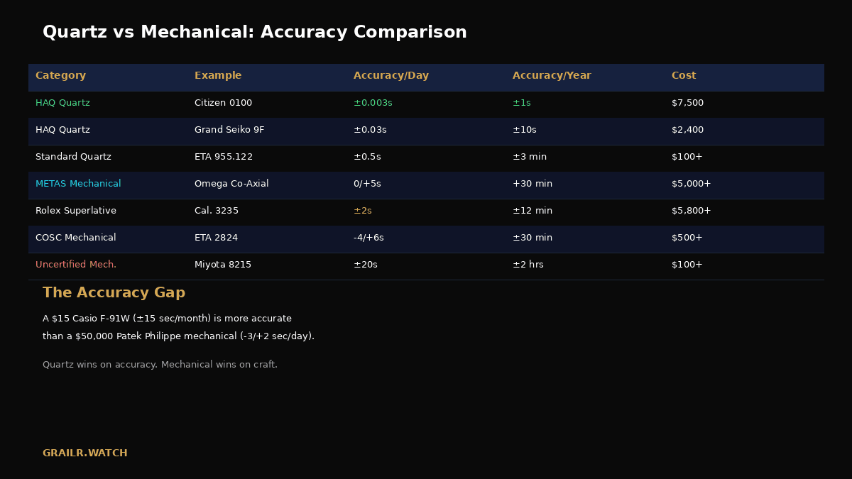 Table comparing quartz and mechanical accuracy: HAQ quartz Citizen 0100 at plus or minus 0.003 seconds a day and 1 second a year for 7,500 dollars, Grand Seiko 9F at 10 seconds a year, standard quartz ETA 955.122 at 3 minutes a year, Omega Co-Axial METAS at 30 minutes a year, Rolex Superlative Cal. 3235 at 12 minutes a year, COSC mechanical ETA 2824 at 30 minutes a year and uncertified Miyota 8215 at 2 hours a year