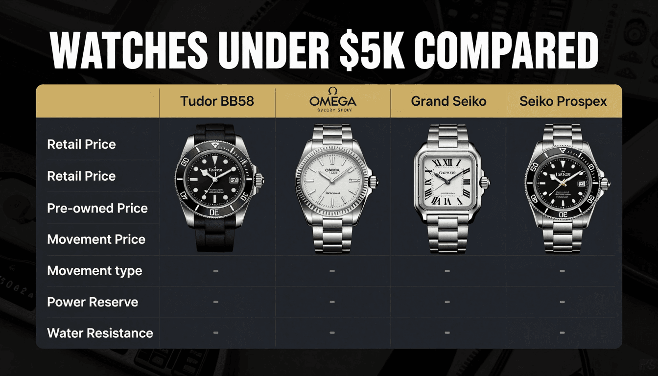 Watches under $5K compared — Tudor, Omega, Grand Seiko, Cartier, Seiko specifications and pricing