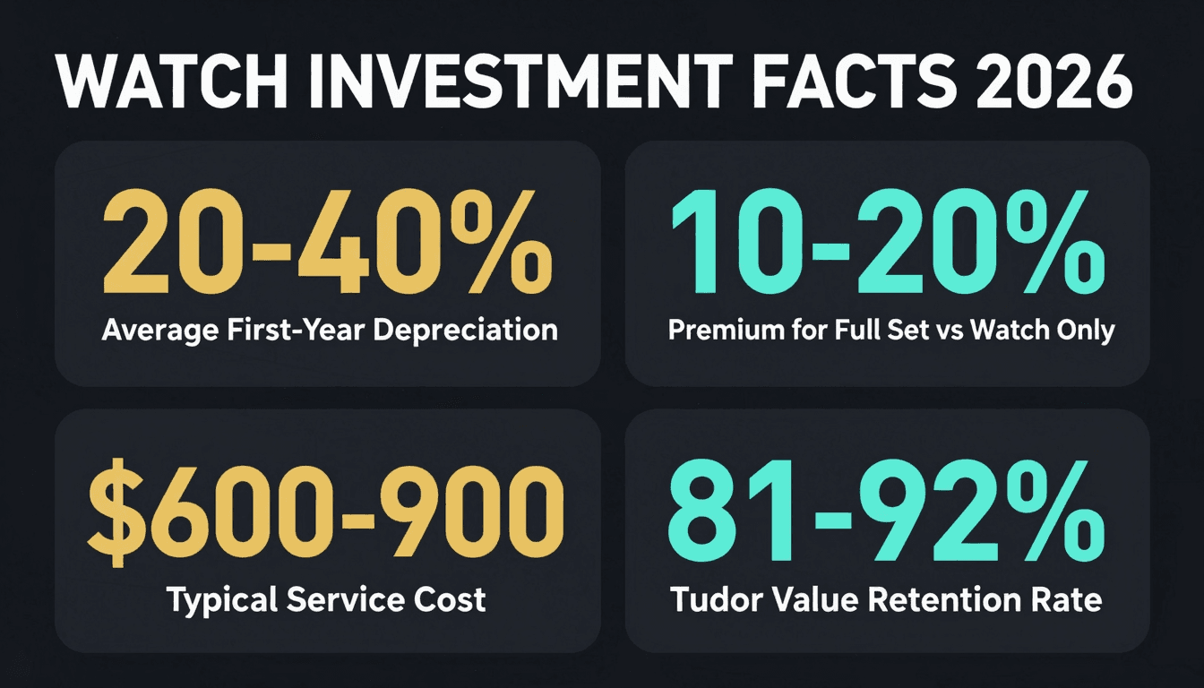 Watch investment statistics 2026 — 20-40% average depreciation, 10-20% full set premium, 81-92% Tudor retention