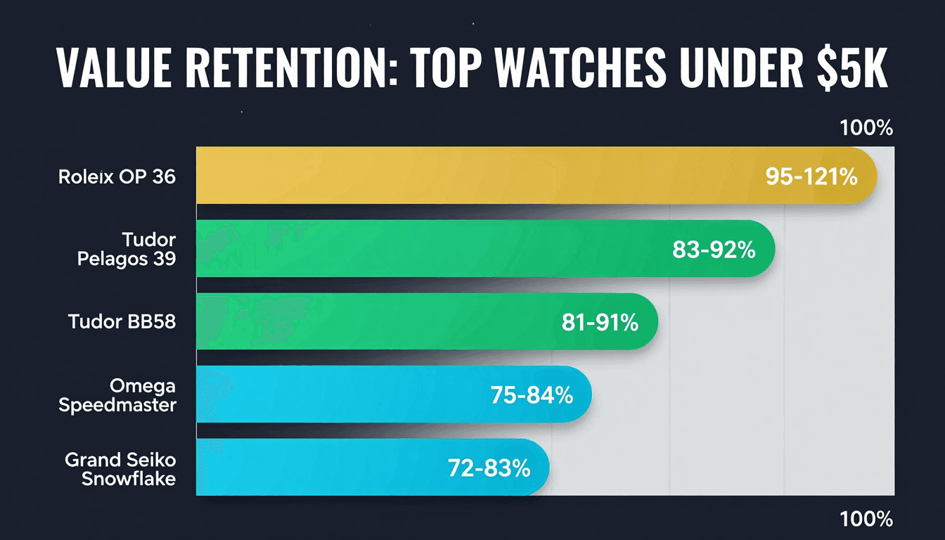 Value retention chart for watches under $5K — Rolex OP at 95-121%, Tudor at 81-92%, Omega at 75-84%