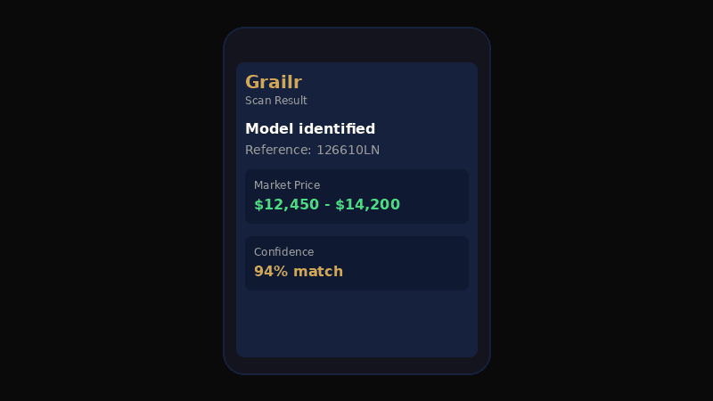Grailr app showing watch scan results