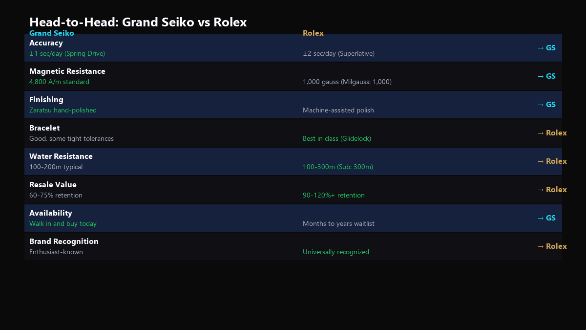 Grand Seiko vs Rolex specs comparison