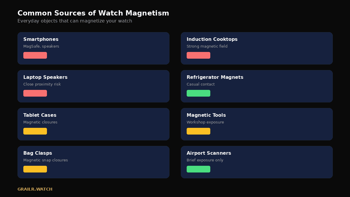 Common sources of magnetism for watches — phones, laptops, bags