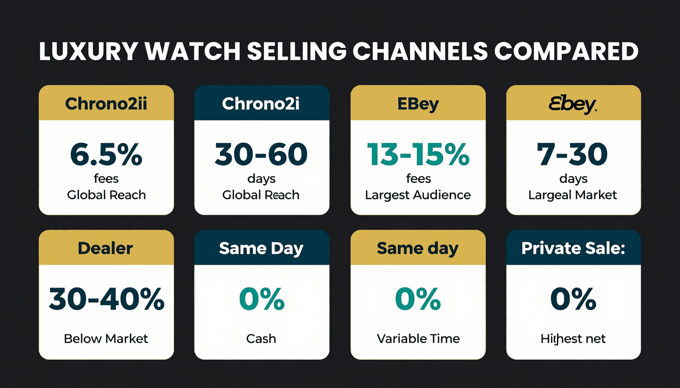Luxury watch selling channels compared — eBay, Chrono24, dealers, consignment, private sale fees and timelines