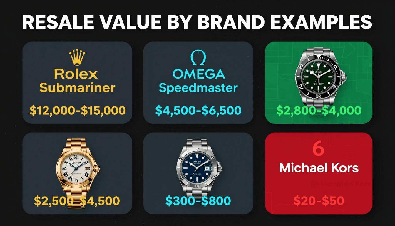 Resale value examples — Rolex Submariner $12K-$15K, Omega Speedmaster $4.5K-$6.5K, Michael Kors $20-$50