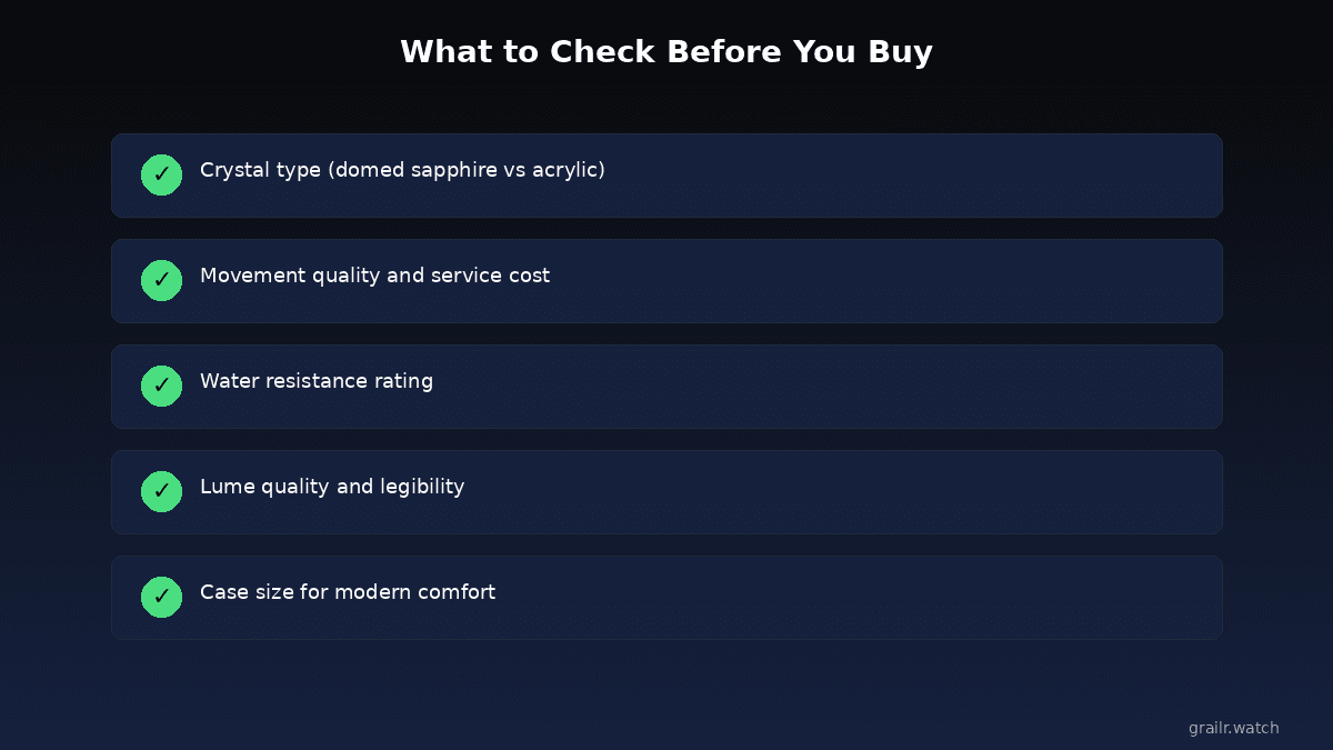 Vintage-inspired watch buying checklist — crystal, lume, movement, water resistance